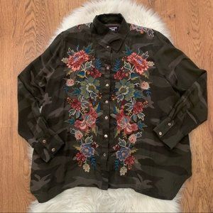 Johnny Was Floral Embroidered Button Down Shirt - Black and Multicolor